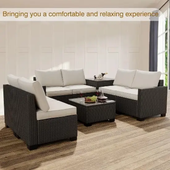 Garvee 8-Piece Outdoor Patio Furniture Set - 6 Seat Rattan Patio Conversation Sets with Glass Coffee Table and Hidden Storage Box image {3}