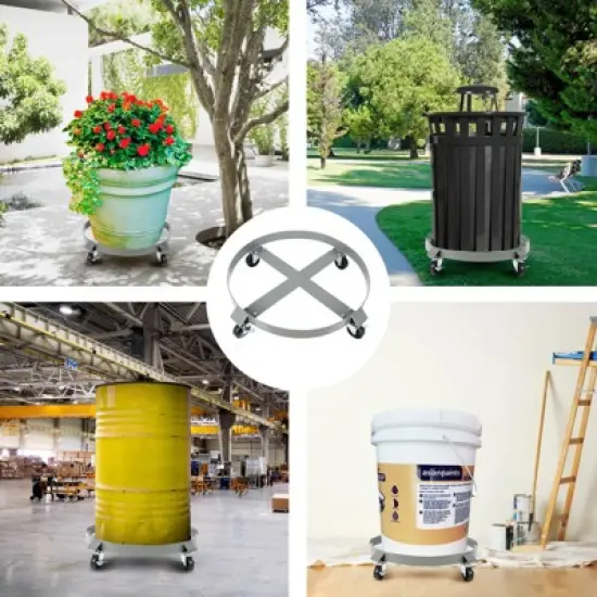 Drum Dolly Barrel Cart Set of 2 - Heavy Duty 1000lb Capacity w/ Dual Brakes & Cross Braces, 55-Gallon Metal Roller for Garbage Can, Silver image {2}