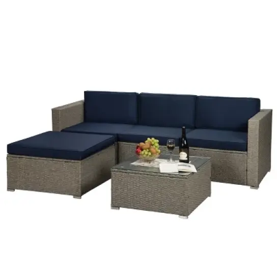 5pc Outdoor Rattan Wicker Sectional Conversation Set with Cushions - Gray/Navy - GODEER image {5}