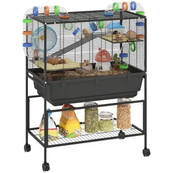 PawHut Hamster Cage, Rolling Rat Cage with Deep Tray, Storage Shelf, Big Exercise Wheel, Hut, Tube System, for Syrian, Gerbil, Mouse image {6}