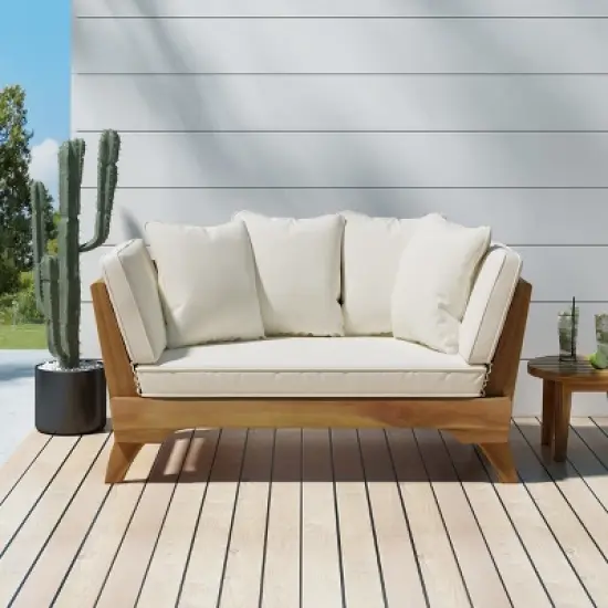 Dexmalle Teak Expandable Acacia Wood Patio Couch with Adjustable Armrests and 4Pillows image {1}