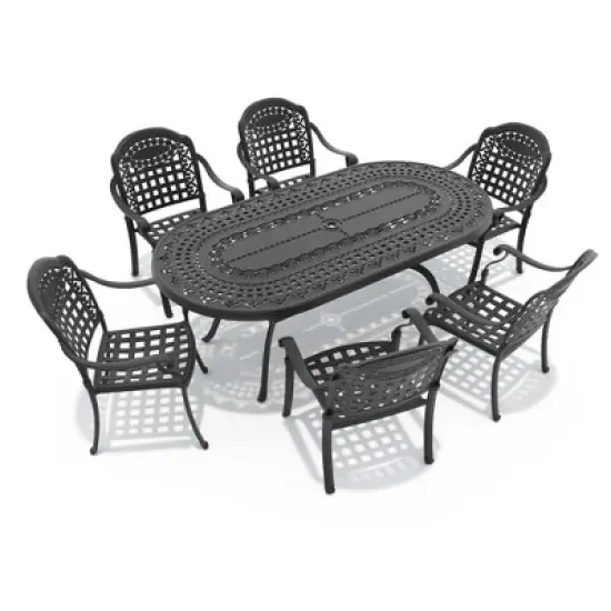 7-Piece Cast Aluminum Outdoor Dining Set: OvalTable, Stackable Chairs & Blue Cushions - All-Weather Patio Furniture for Your Backyard image {2}