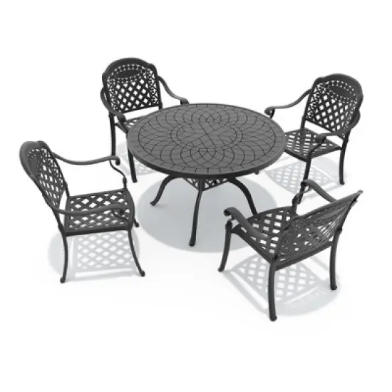 5-Piece Cast Aluminum Outdoor Dining Set: Round Table, Stackable Chairs & Red Cushions - All-Weather Patio Furniture for Your Backyard image {2}