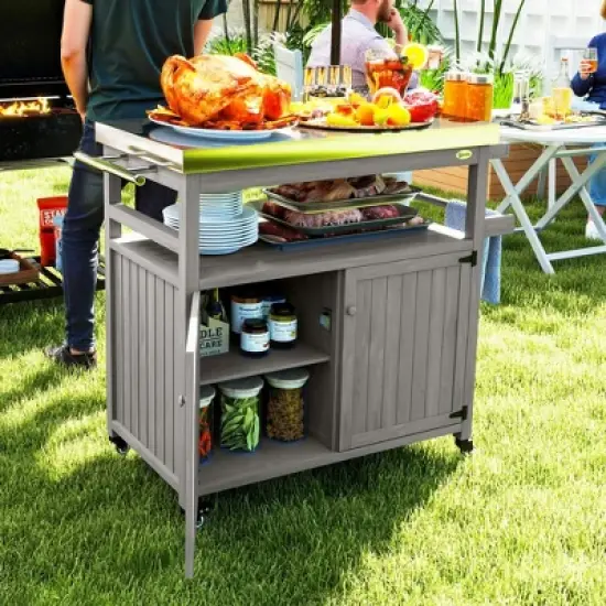 Outsunny Outdoor Grill Cart w/ Wheels and Storage Cabinets, Solid Wood Outdoor Kitchen Island w/ Stainless Steel Top, Integrated Hole image {2}
