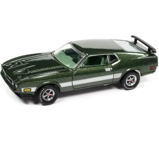 1973 Ford Mustang Mach 1 Ivy Bronze Green Metallic with Silver Stripes Ltd Ed to 14910 pcs 1/64 Diecast Model Car by Auto World image {1}