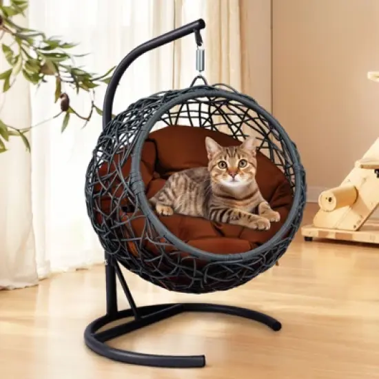 Sapphtopaz Egg-Shaped Cat Bed with Rattan Wicker Hanging Swinging Cat Bed with Soft Cushion & Detachable Hammock Bed for Small Cats & Dogs image {7}