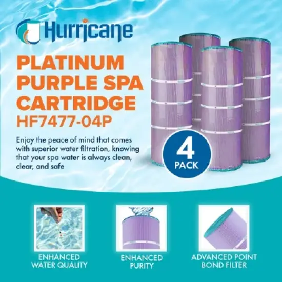 Hurricane 4 Pack HF7477-04P Platinum Purple Spa Cartridge Replacement for PA75SV, Unicel C-7477, Filbur FC-1260, Hayward C-570 image {2}