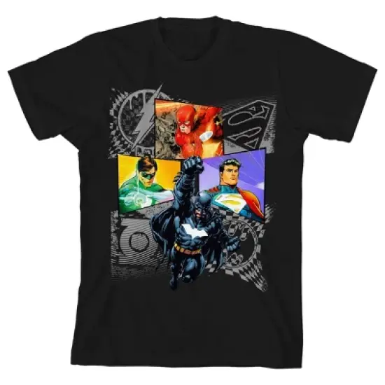 Justice League Collage Art Black T-shirt Toddler Boy to Youth Boy image {3}