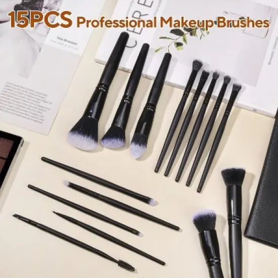 BABYYER Black Makeup Brushes Set,15 Pcs Professional Premium Synthetic Foundation Contour Powder Concealers Eye Shadows Blush Makeup Brush Set image {4}