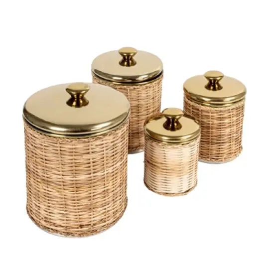 Storied Home Rattan Wrapped Stainless Steel Canisters, Set of 4, Brass Finish image {8}