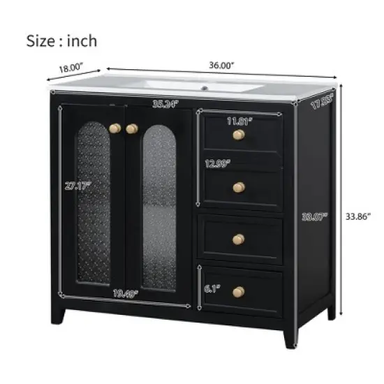 36" Bathroom Vanity with Sink, Solid Wood Cabinet with 2 Soft Close Doors, Adjustable Shelves & 3 Drawers, Modern Elegant Vanity - ModernLuxe image {2}