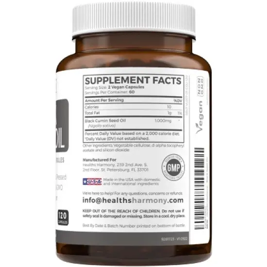 Black Seed Oil Capsules, Hair, Skin & Metabolism Support, Supports Weight Loss, Health's Harmony, 60, 120 & 180ct image {2}