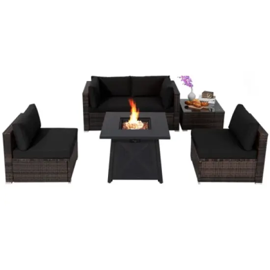 Tangkula 6-Piece Patio Furniture Set w/ 30" Propane Fire Pit Table Outdoor PE Wicker Conversation Set w/ Cushions &Tempered Glass Coffee Table image {10}
