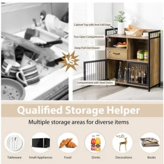 Costway Buffet Server Sideboard Kitchen Storage Cabinet w/ Drawer & Steel Doors image {6}