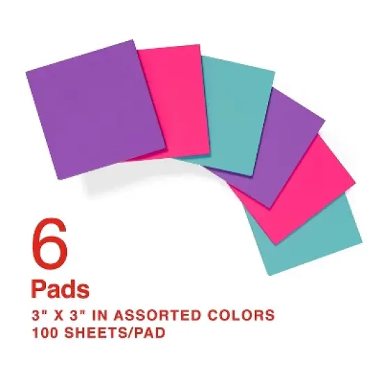 Staples Stickies Pop-Up Notes Assorted Bold Colors 3" x 3" 6 Pads/PK 565444 image {1}