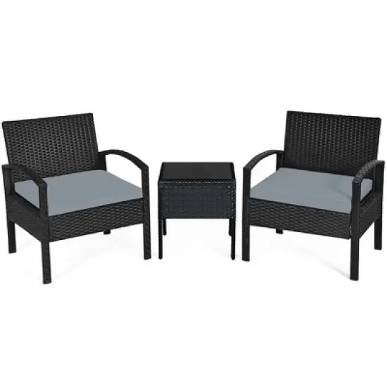 Costway 3PCS Patio Rattan Furniture Set Coffee Table Conversation Sofa Outdoor Cushioned Gray image {5}