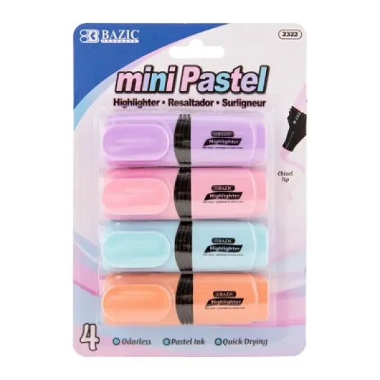 BAZIC Products&reg; Mini Desk Style Pastel Highlighters, 4 Per Pack, 12 Packs image {1}
