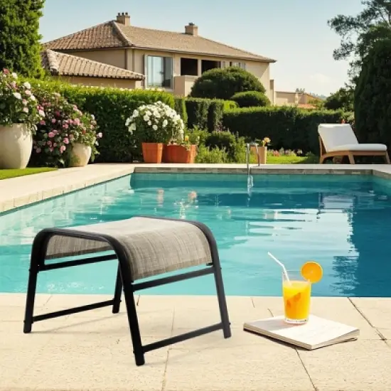 Hyleory 2-Pack Outdoor Teslin Fabric Footstools with Iron Frame - Waterproof Stackable Ottoman Set for Patio Garden and Poolside image {4}