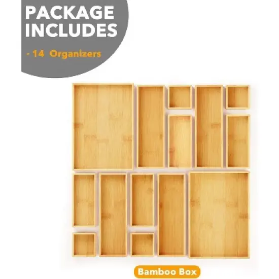 14-Piece Bamboo Drawer Organizer Set &ndash; Multi-Use Divider Bins for Kitchen, Bathroom, Office, and Makeup Storage, Natural image {6}