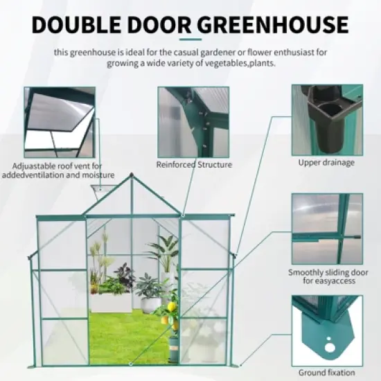 73.75"8X6FT-Green Double Door Polycarbonate Greenhouse Raised Base and Anchor Aluminum Heavy Duty Walk-in Greenhouses image {2}