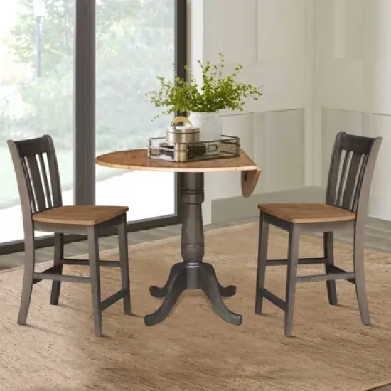 3pc 42" Round Dual Drop Leaf Counter Height Dining Table with 2 Splat Back Stools Hickory/Washed Coal - International Concepts image {3}
