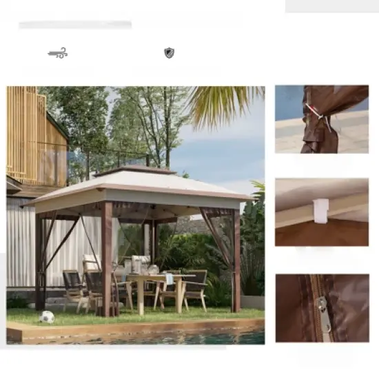 DSVIMOY 12'*12' Pop Up Canopy Tent with Netting and Carry Bag, Instant Sun Shelter for Parties, Height Adjustable, Beige&Brown, 141"*141"*116.4" image {4}