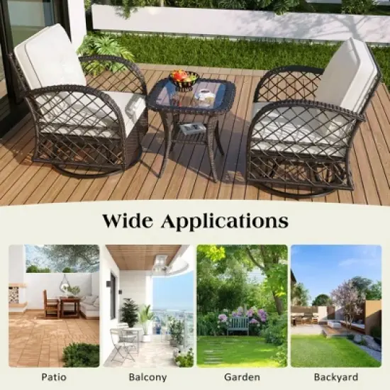 3pcs Outdoor Rattan Chat Furniture Set,  Patio Garden Seating Group Conversation Set with Swivel Chairs and Table -ModernLuxe image {6}