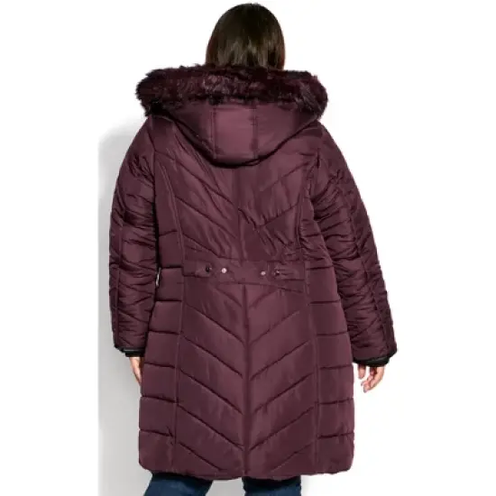 Women's Plus Size Chevron Long Puffer Coat  - Rosewood | AVENUE image {1}