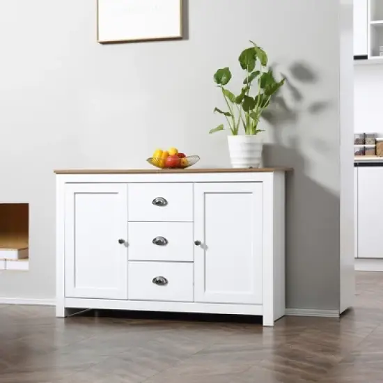 HOMCOM Kitchen Sideboard with Adjustable Shelves, Dining Buffet Cabinet with 3 Storage Drawers, White image {2}