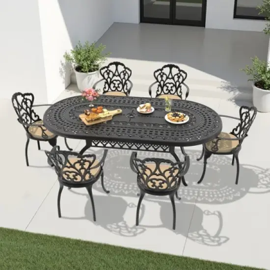 (7-PC)Premium Black Cast Aluminum Patio Set - Weather-Resistant Outdoor Table & Chairs with Beige Cushions, Umbrella Hole Included image {9}