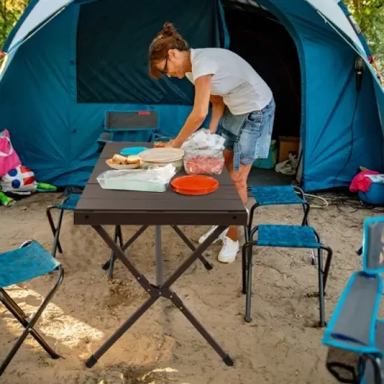 Costway 4-6 Person Portable Aluminum Camping Table Lightweight Roll Up Table Grey/Brown image {1}