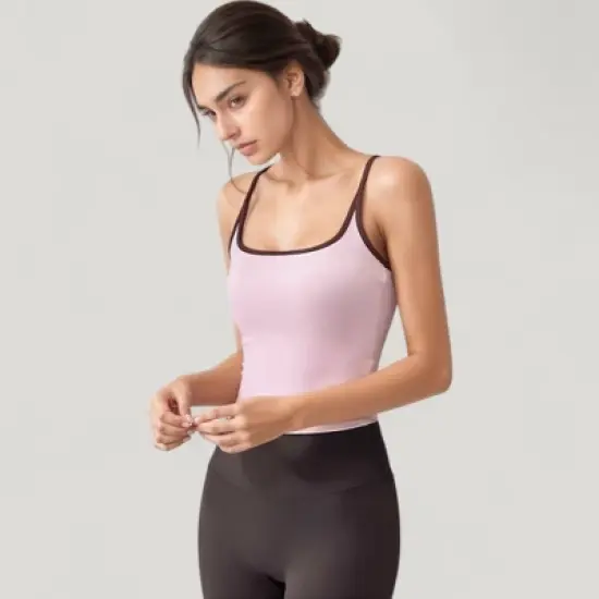 Anna-Kaci Active Women's Square Neck Fitted Crop Tank Top with Contrast Trim and Soft Stretch Fabric image {2}