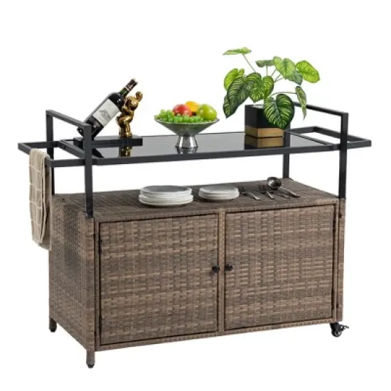 MOEPISY Outdoor Wicker Serving Carts, Patio Serving Cart with Wheels, Rolling Rattan Beverage Bar Counter Table image {4}