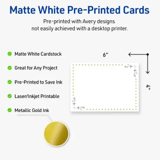 Avery Printable Rectangle Postcards, Gold Dots with Green Florals, 4" x 6", Matte White Rectangle Postcards, Laser/Inkjet, 20ct, Great for Postcards image {1}