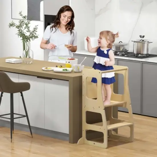 Costway 3-in-1 Foldable Kitchen Standing Tower for Toddlers with Chalkboard Weaning Table Natural image {1}