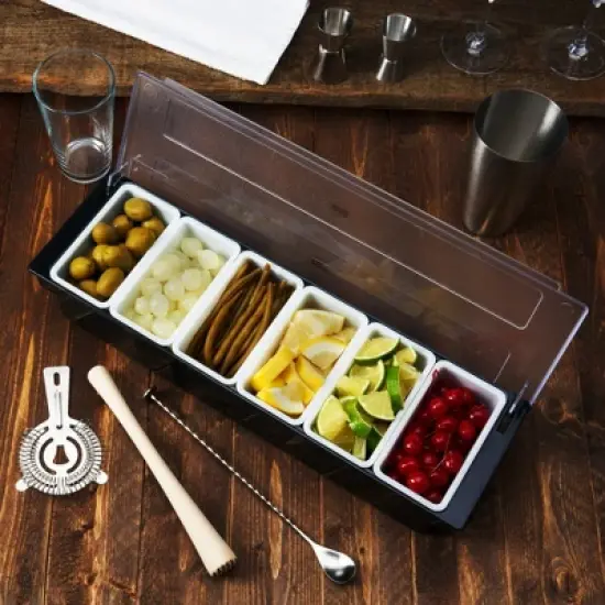 True Garnish Tray - 6 Removable Inserts and Ice Reservoir, Bar Caddy with Lid for Garnishes, Bartender Accessory for Cocktail Recipes, Plastic image {3}