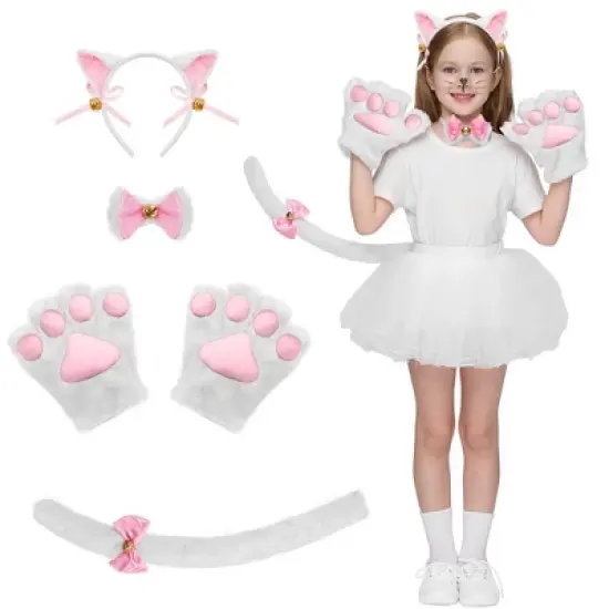Joyfy 5 Pcs Kitty Cat Halloween Costume Accessory Set for Adult, Kids, Cat Ears Headband, Paws Gloves, Bow Tie, Tail, Cosplay Dress Up Party image {10}