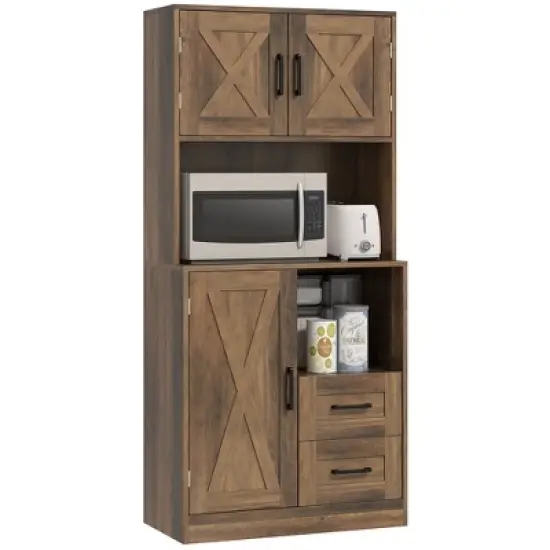 HOMCOM Farmhouse Kitchen Pantry, 71" Tall Storage Cabinet with Microwave Oven Countertop image {6}