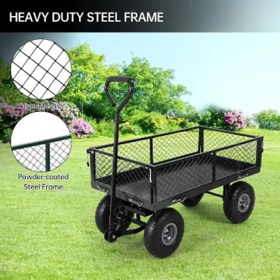 Heavy-Duty Steel Garden Cart &ndash; 500 Lbs Capacity Utility Wagon with Removable Liner, 8" Pneumatic Wheels & Convertible Flatbed Design, Green image {3}