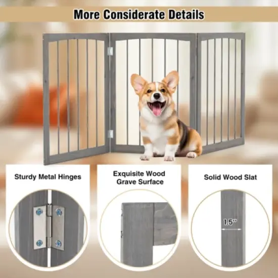 Costway 30&rdquo; Tall Pet Gate Wooden Dog Fence w/180&deg; Rotation 3-Panel Room Divider Barrier for Doorway Hallway Stairs Gray image {7}