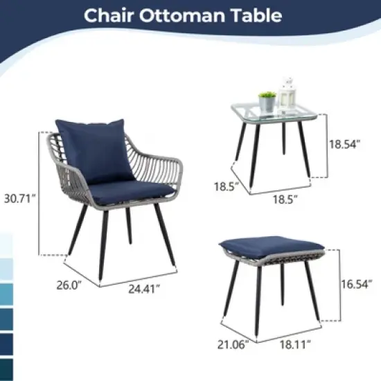 5-Piece Patio Bistro Set with Ottoman, Outdoor Wicker Furniture with Tempered Glass Table, Chairs and Footrests for Balcony, Porch, or Poolside image {3}