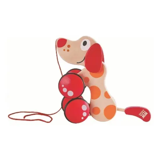 Hape Walk A Long Pepe the Puppy Wooden Push Pull Toy Can Sit, Stand, Roll, with Rubber Rimmed Wheels, for Toddlers Ages 1 and Up, Red and Orange image {2}