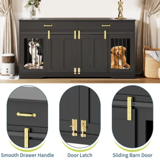 71" Dog Crate Furniture for 2 Dogs, Chew-Resistant Double Dog Kennel with 2 Drawers &  Sliding Doors, Decorative TV Stand End Table for Living Room image {2}