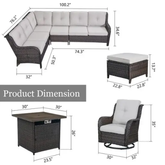 POCASSY 7-Piece Outdoor Furniture Set with Propane Fire Pit Table, Outdoor Living Set with All-Weather Brown Wicker Sectional Sofa and Swivel Chair image {5}