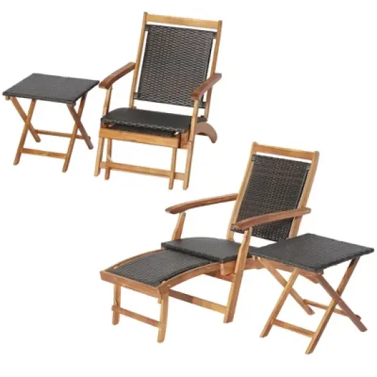Costway 4PCS Patio Rattan Folding Lounge Chair Table Acacia Wood withRetractable Footrest image {1}