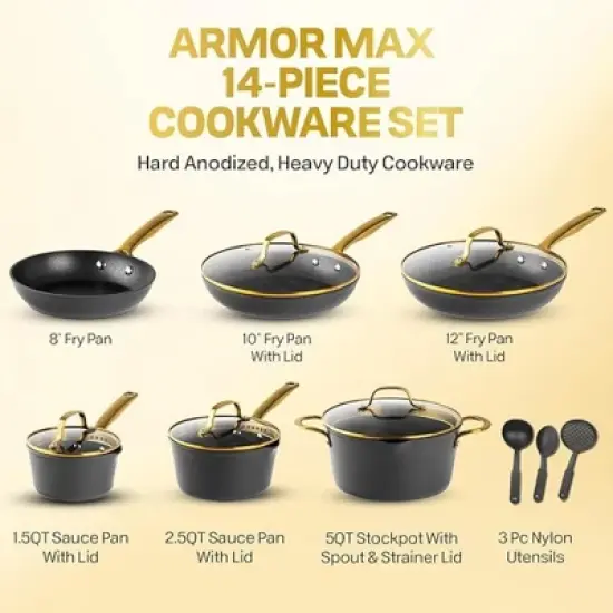 Granitestone Armor Max Gold 14 Piece Nonstick Hard Anodized Cookware set with Utensils image {1}