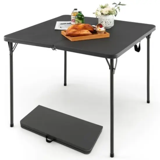 Costway Folding Camping Table Portable HDPE Outdoor Picnic Dining Table w/ Handle White\Grey image {10}