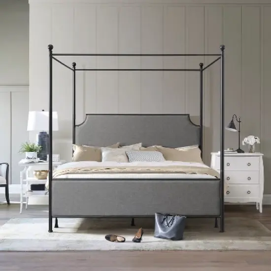 Mcarthur Metal and Upholstered Canopy Bed Matte Black/Gray Fabric - Hillsdale Furniture image {1}