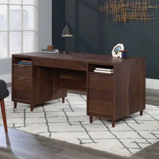 Sauder Clifford Place Desk with Shelves Grand Walnut: Executive Workstation, MDF Construction, Mid-Century Modern Style image {1}