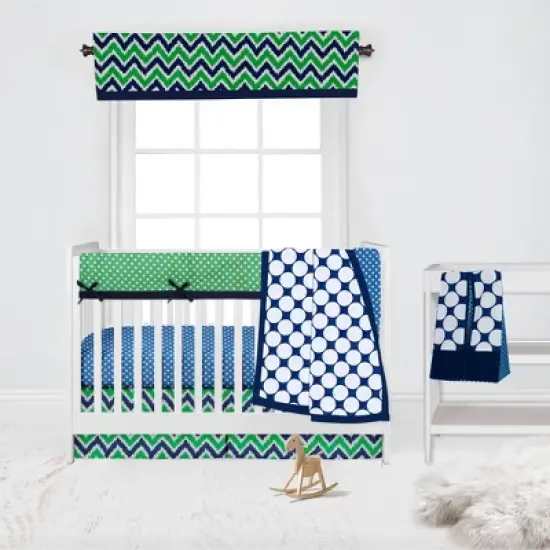 Bacati - Mix n Match Chevron/Dots Long Crib Rail Guard Cover Navy/Green image {4}